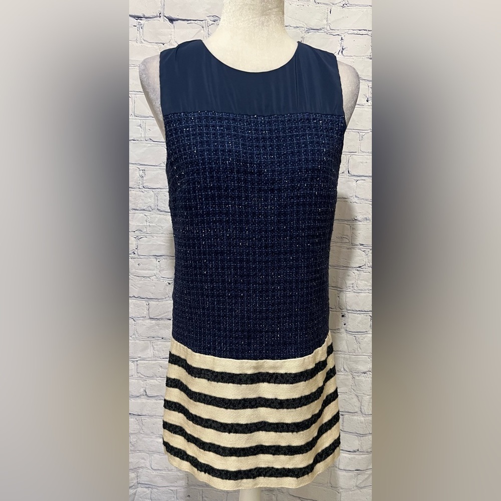 Boston Proper Preppy Shift Dress in Blue Tweed and Stripes Size 8